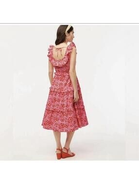 J.Crew Factory Pink Floral Ruffle Midi Dress Size 10 Tiered Cotton Pockets